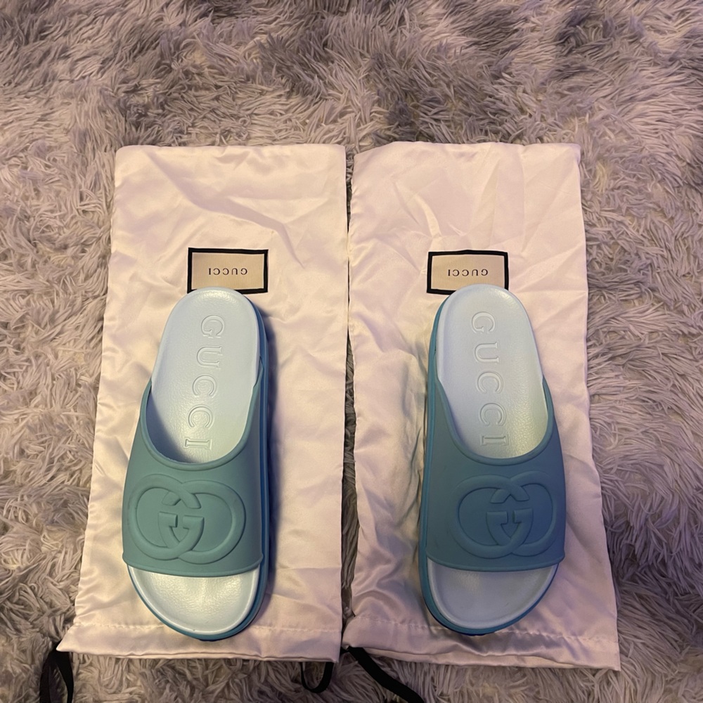 Gucci Blue Gradient Slide Sandals with Embossed GG